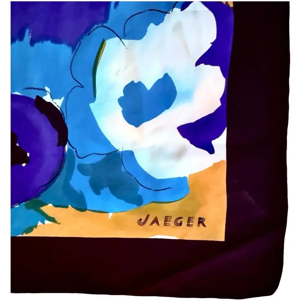 Jaeger 1980s Silk Scarf Blue Purple Abstract Floral 33x35 Made in Italy